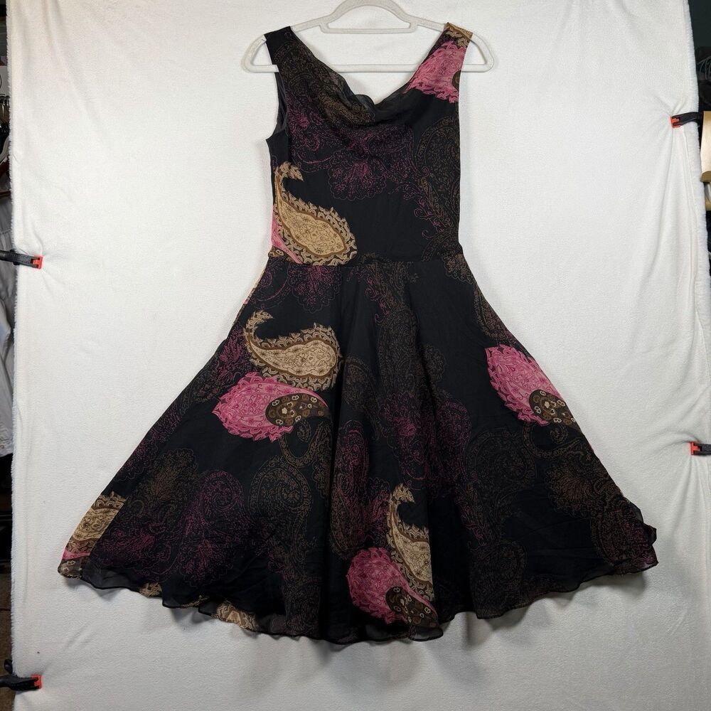 Lapis Silk Fit Flare Dress M Black Paisley Sleeveless Draped Neck Midi
